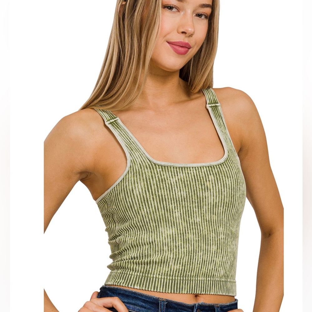 NEW Zenana Light Olive Washed Ribbed Seamless Square Neck Brami Padded Tank